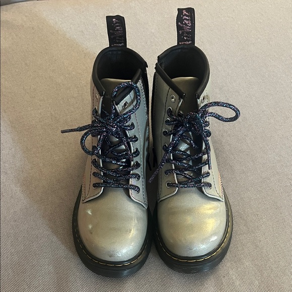 Silver Dr Martens lace-Up Boots w side zipper with Blue/purple Laces - Main Image